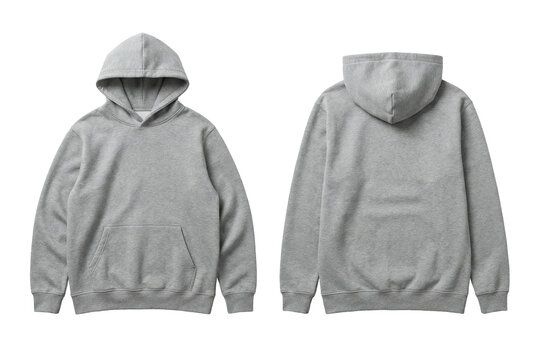 Blank Heather Grey Hoodie Mockup Front and Back View, Plain Pullover Sweatshirt with Kangaroo Pocket Template isolated on transparent background