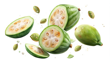 Exotic green feijoa fruit, whole and sliced, dynamically presented