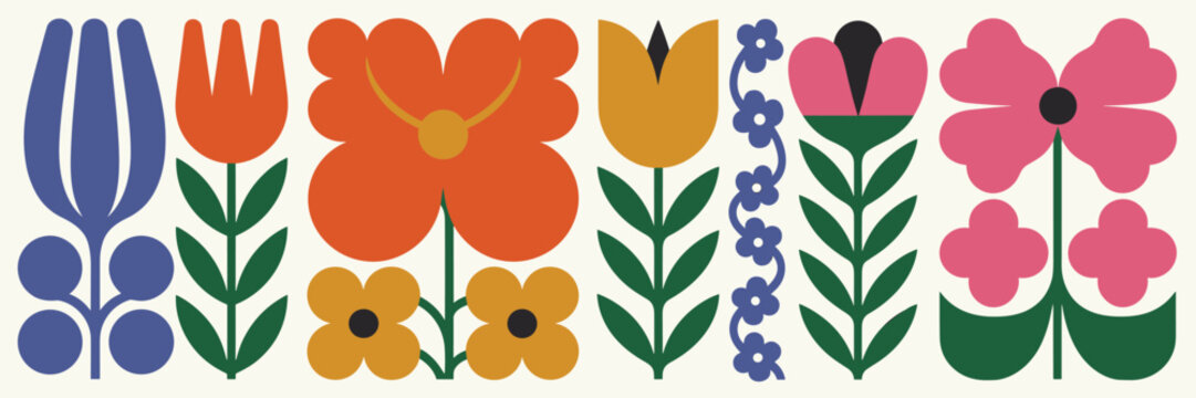 Scandinavian Style Folk Art Flowers In Bold Geometric Shapes And Vibrant Colors Keywords: scandinavian, folk art, floral, pattern, flowers, tulips