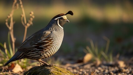 California Quail Perched on a Rock in Natural Sunlight.