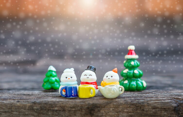 Cute snowman friends tea party with Christmas concept, Christmas greeting card background idea