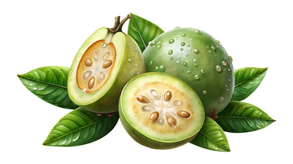 Fresh feijoa fruit: whole, halved, lush green leaves, water droplets