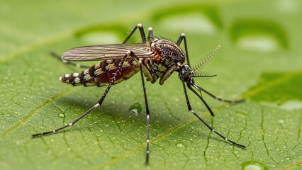 Fototapeta premium Close-up macro photograph of a mosquito resting on a green leaf with water droplets.