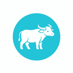 Water Buffalo Silhouette Icon on Blue Circle Background.