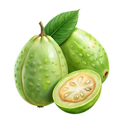 Feijoa fruit whole and sliced, showcasing natural green color and seeds