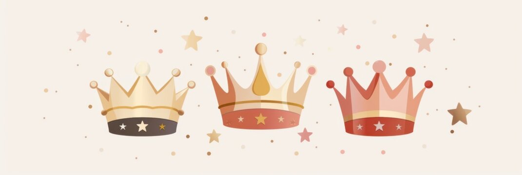 Colorful three kings crowns and stars for epiphany celebration design. Flat illustartion. Horizontal banner. Copy space. Template with three crowns and stars for Three Kings Day