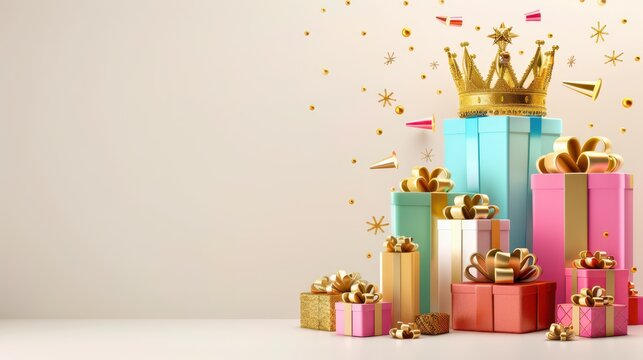 Festive gift boxes with golden crown celebrating epiphany three kings day. Horizontal banner. Copy space. Template with crowns and gift boxes for Three Kings Day. Free space for text