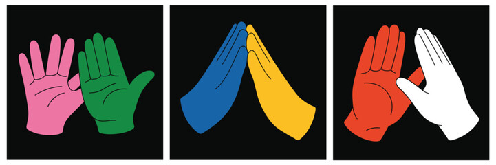 Three Panels Of Stylized Hands In Different Color Combinations On Black illustration graphic