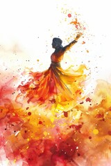Fototapeta premium Vibrant holi celebration dance in colorful watercolor art. Punjabi festival Lohri. Vertical banner. Free space for text. Harvest festival. Happy Diwali. Watercolor illustration