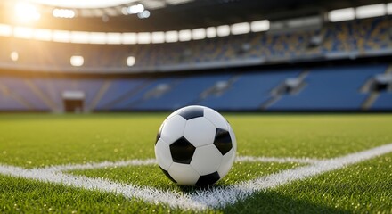 Soccer ball on the corner of a grass field inside a large stadium