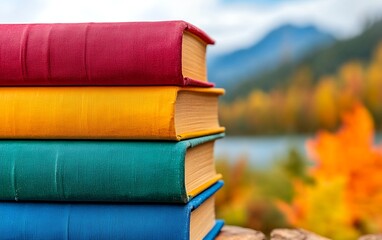 Colorful stack of books in autumn landscape with vibrant leaves and mountain view