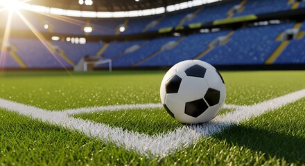 Soccer ball on the corner mark of a stadium field at sunset