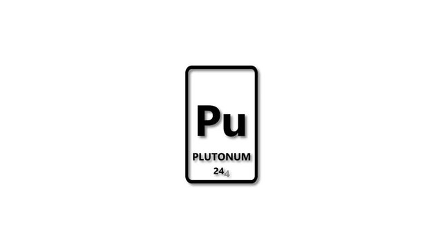 PLUTONUM as Element 94 of the Periodic Table. Design shows name, atomic weight and element number. black background 4k animation