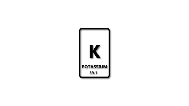 POTASSUM as Element 19 of the Periodic Table. Design shows name, atomic weight and element number. black background 4k animation