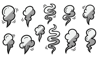 Cartoon Smoke and Steam Vector Set: Hand-Drawn Doodle Style Puffs, Clouds, and Wavy Vapor for Comics, Explosions, Smell, and Hot Effects in Graphic Design and Illustration, featuring a Dynamic Range o