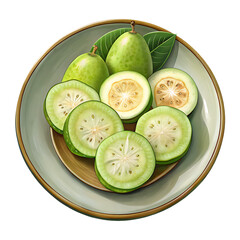 Exotic green fruits, whole and sliced, served in a pale green bowl