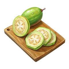 Freshly cut feijoa fruit, whole and slices, on a wooden board, healthy