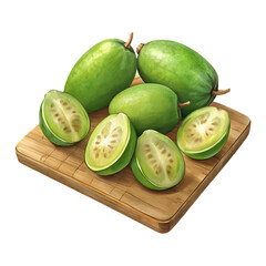 Fresh feijoa fruit display on natural wooden cutting board, healthy snack