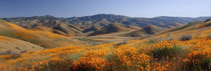 Sunlit rolling hills covered in a carpet of orange wildflowers under a clear blue sky orange flowers