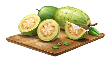 Fresh feijoa fruits, whole and sliced, on a wooden board ready to eat
