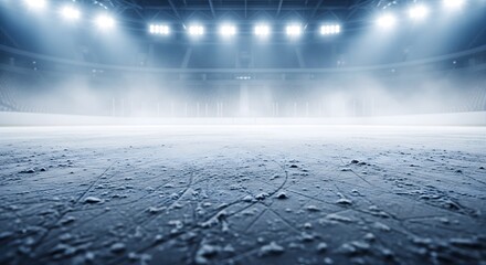 Dramatic view of an empty ice hockey rink under bright stadium lights