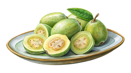 Feijoa fruit whole and sliced with green leaf on white plate. fresh food.
