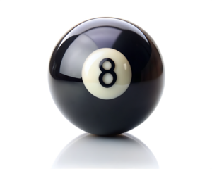 Close up of a black eight ball on a reflective surface