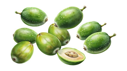 Green exotic tropical fruits, some whole and one cut open showing seeds
