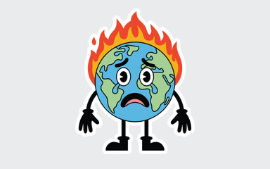 Fototapeta premium Sad Earth Character with Flames on Head Crying planet