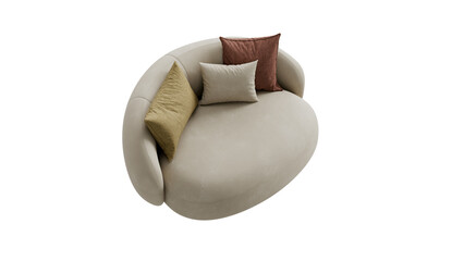 Contemporary round sofa with pillows on an isolated background. Furniture for advertising, presentations, and marketing materials.
