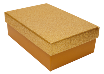 A gold gift box is shown on a transparent background. The box has a plain design suitable for wrapping gifts for different events. It can be used for birthdays, holidays, and more
