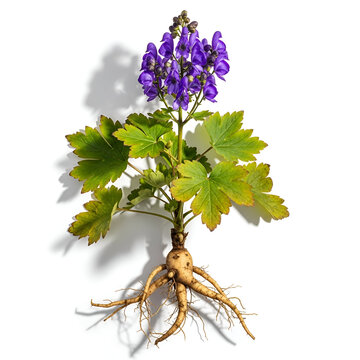 Mature atis plant with roots and purple flowers