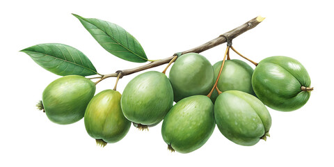 Cluster of vibrant green exotic fruits on a branch with leaves, fresh.