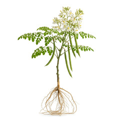 Drumstick plant with roots, white flowers and pods