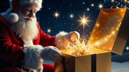 A magical and heartwarming Christmas scene centered around Santa Claus opening a glowing present under a star-filled night sky. Santa should appear in his classic red suit with white fur trim