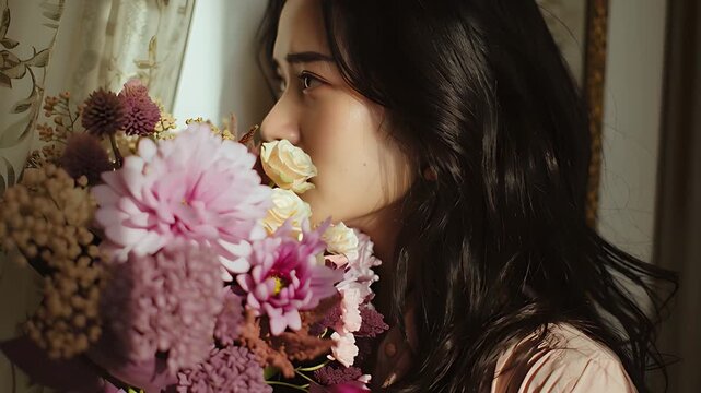 花束を抱えた女性の優しい微笑み、春の陽だまりのような温かいポートレート