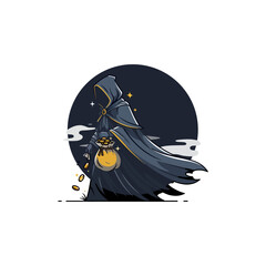 A mysterious cloaked figure in a dark robe carrying a bag of gold coins, with some coins falling out, set against a dark circular background.