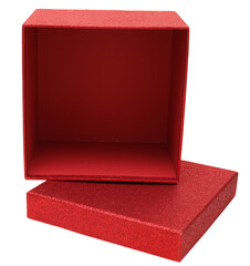 This is a red gift box with a lid placed near it. The box is empty and can be used for wrapping...