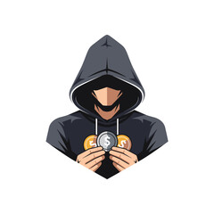 A hooded figure holding three coins (gold, silver, bronze) with a dollar sign on one, in a graphic logo style.