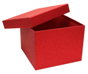 A red gift box is shown with its lid open, providing space for items or gifts inside. The box has a textured surface and is set against a transparent background