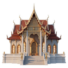 Ornate Thai temple building with red tiled roof and golden accents isolated on a transparent background