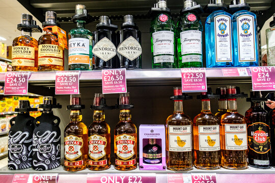 Selection of Popular Bottles of Alcoholic Spirits Vodka Whisky and Gin