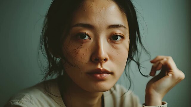 髪をかき上げる仕草が色っぽい女性、気だるげな視線と大人の魅力
