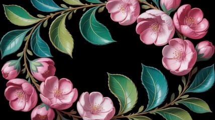 Floral Branch Illustration | Pink Blossoms & Green Leaves Botanical Design.