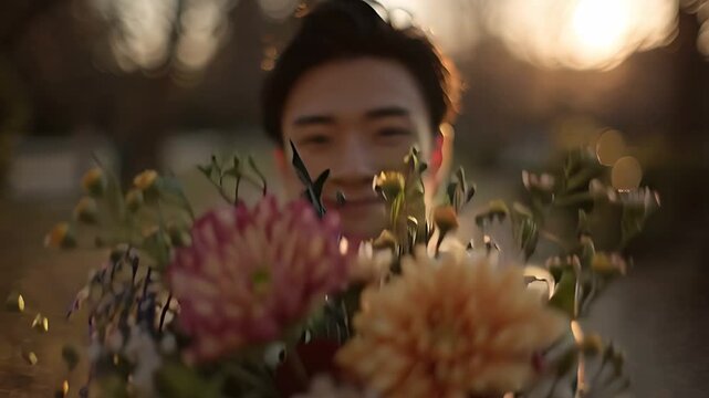 夕暮れの公園で花束を抱える男性、愛する人を待つロマンチックな瞬間