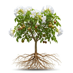 Rohitaka tree sapling with roots white flowers and pods