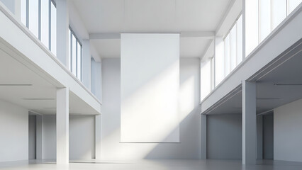 Fototapeta premium Modern Industrial Architecture with Natural Light and Vertical Banner Display