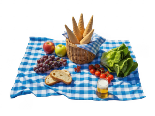 Picnic basket with waffle cones apples grapes bread tomatoes lettuce and beer on blue checkered cloth isolated on a transparent background