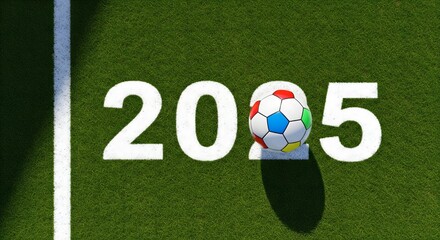 Year 2005 represented by numbers on green grass with a soccer ball