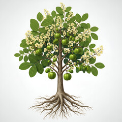 Terminalia chebula plant with roots, pale flowers and green fruits